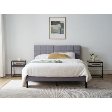 Mainstays Upholstered Queen Platform Bed Frame with Square Stitch Height Adjustable Headboard, Grey