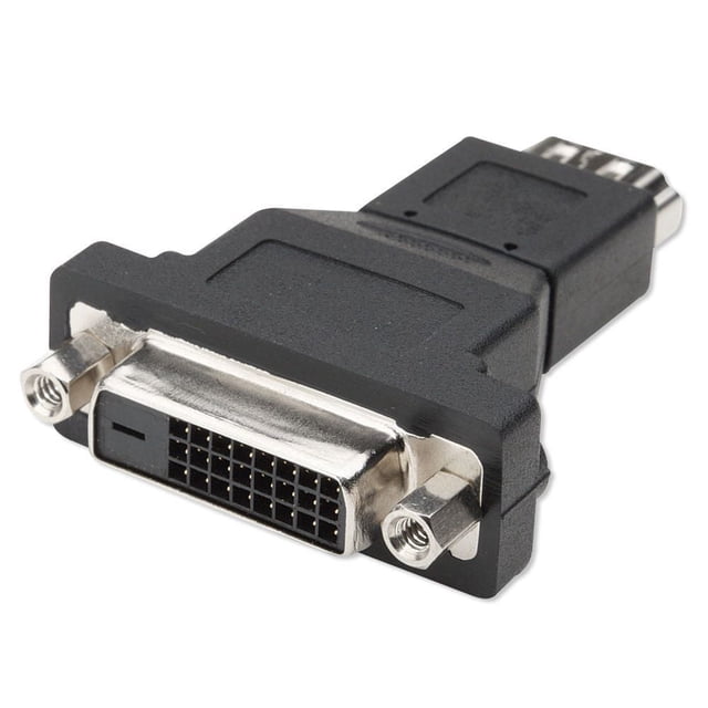 DVI Female to HDMI Male Adapter featuring a black plastic body with a silver metal 24-pin DVI female connector and screw mounts, attached to a compact HDMI male plug, suitable for converting HDTV DVI connections to HDMI in TV accessories.