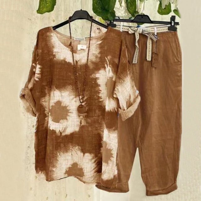Ensembles de Détente d'Été pour Femmes Ensemble d'Été Imprimé Manches Courtes Col Rond Hauts+pantalon à Double Poche Ensemble Ensembles Grande Taille en Liquidation