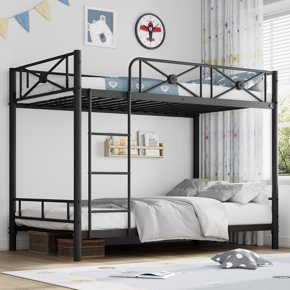 Metal Bunk Bed Twin Over Twin, Industrial Bunkbeds Heavy Duty Bed with Safety Guard Rails and Space-Saving Design, Steel Bed for School, Bedroom, Black