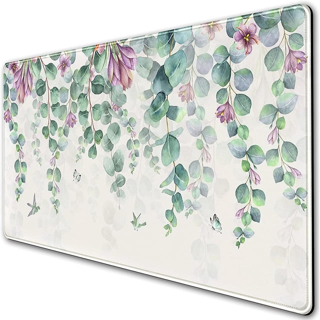 Eucalyptus Leaf Large Mouse Pad Watercolor Flowers Mouse Pad XXL Green Red Leaves Desk Mat 31.5x15.75 Inch,Spring/Summer Extended Keyboard Mat with Precision Stitched Edges and Non-Slip Rubber Base