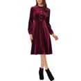thumbnail image 2 of INSPIRE CHIC Women's Velvet Dress Mock Neck Button Front Ruffle Vintage Flare Dresses XS Burgundy, 2 of 6