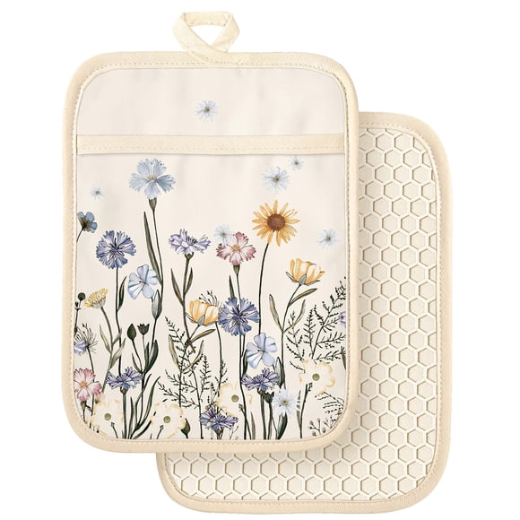 Silcone Supports de Pots de Fleurs pour Cuisine - 100 % Coton Beige Mignons Rétro Maniques de Four avec Poches, Coussins Chauds Carrés Épais Résistants à la Chaleur, Cadeaux pour Pâtisserie et Boulanger Maison Nouvelle Maison, Lot de 2