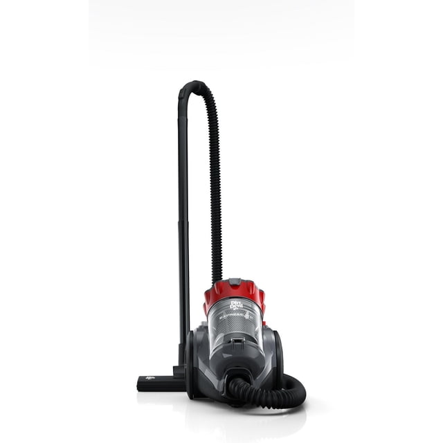Dirt Devil ExpressLite Canister Vacuum with cyclonic technology, compact red and black canister, clear dust cup, flexible hose, extended wand with floor tool, and one-touch cord rewind, designed for multi-surface cleaning and extended reach from floors to ceilings.