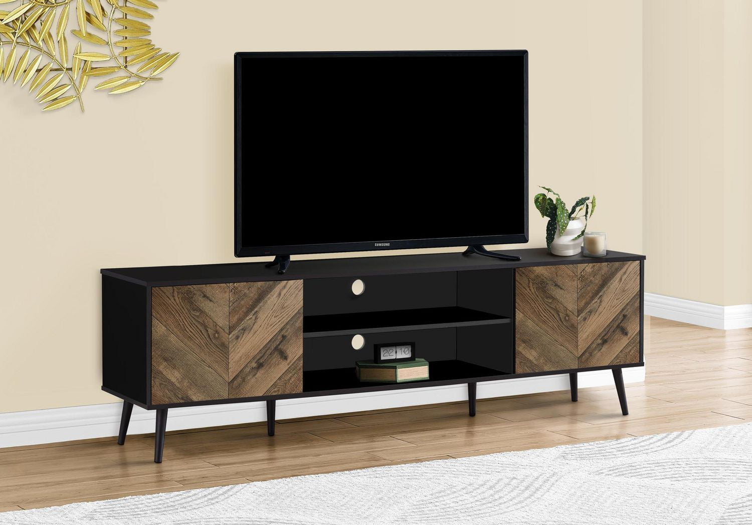 Monarch Specialties  Meuble Tv, 72 Pouces, Console, Centre De Divertissement Média, Unite De Rangement, Salon, Chambre À Coucher, Brun Et Noir Laminé, Jambes En Bois Noir, Contemporain, Moderne