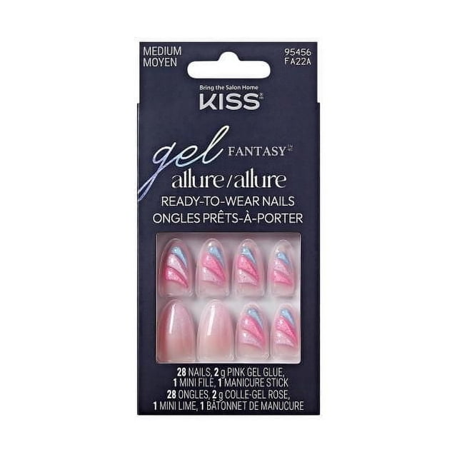 KISS Gel Fantasy Allure medium almond-shaped fake nails with 28 ready-to-wear nails featuring pink and blue 3D layered gel design and nude plain nails, including 2g pink gel glue, mini nail file, and manicure stick in dark blue box.
