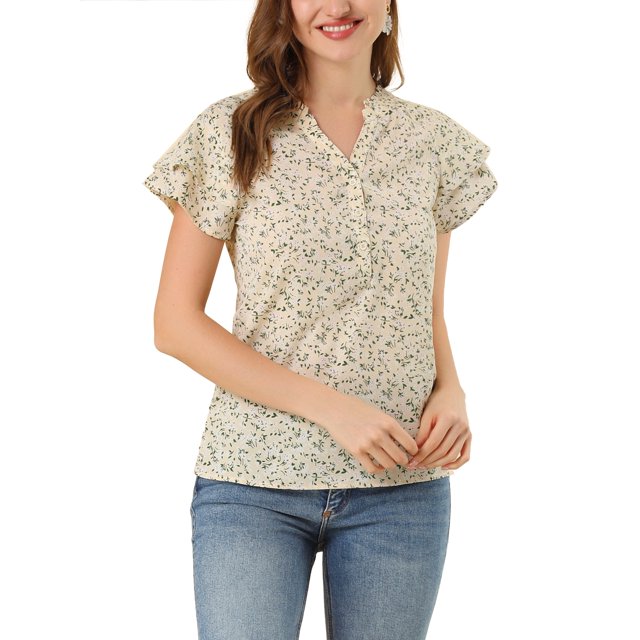 INSPIRE CHIC Blouse d'Été pour Femme à Fleurs, Col en V, à Étages, Manches Courtes, Boutonnée