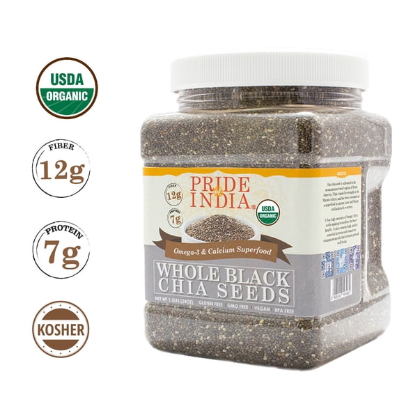 Pride Of India - Whole Black Chia Seeds Raw (Pesticide Free)- Omega-3 & Calcium Superfood, 3 Pound Jar