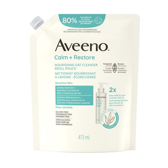 Aveeno Calm+Restore Nourishing Oat Cleanser Refill Pouch 473 mL in a cream flexible pouch with teal and black text, designed for sensitive skin to gently cleanse and hydrate while preserving the moisture barrier, sulfate-, fragrance-, and paraben-free, dermatologist recommended, made with 30% post-consumer recycled plastic saving 80% plastic compared to a 232 mL bottle, ideal for refilling existing Aveeno cleanser bottles.