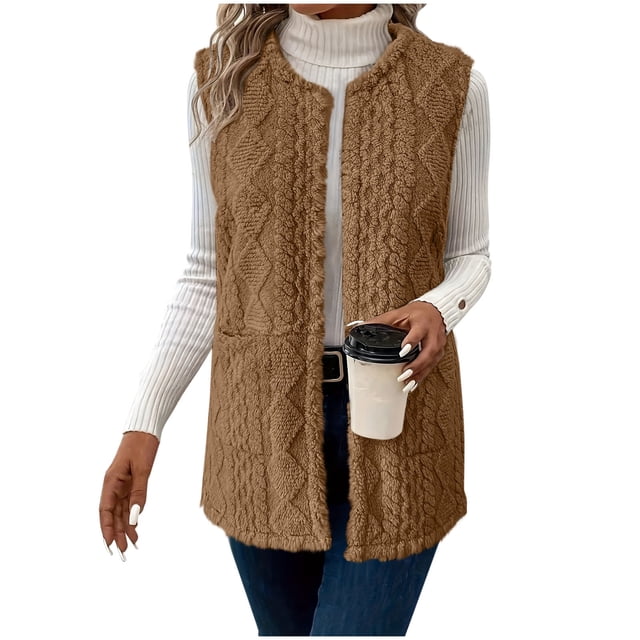 HAiming Womens Winter Fleece Vest Crewneck Sleeveless Open Front Cardigan Fuzzy Warm Jacket with Pocket