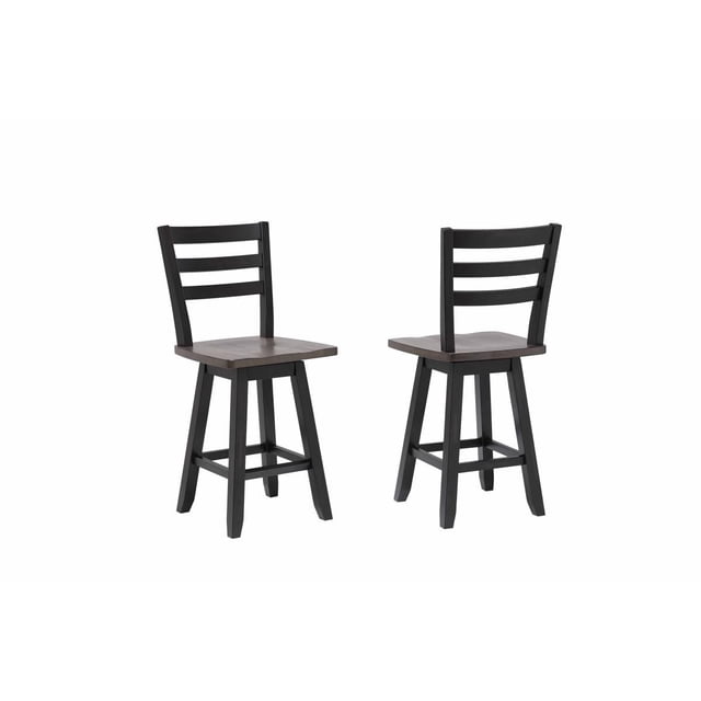 Sophia Counter Stool, Set of 2, Oak/Dark Grey, featuring two wooden counter stools with contoured oak seats, dark grey splayed legs, ladder-style backrests, 180-degree swivel, and square footrests, designed for comfortable kitchen and dining seating.