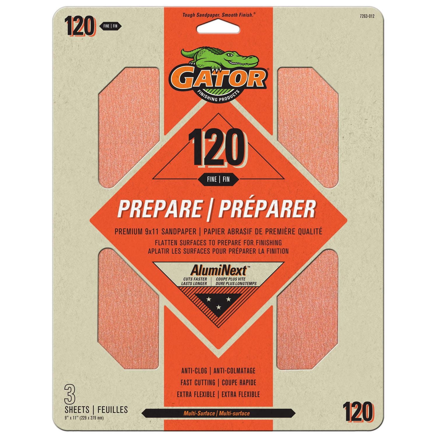 Gator 120 Grit Sandpaper Sheets, Fine, 9 x 11 in, Premium Multi-Surface Sanding Paper, 3 Pack