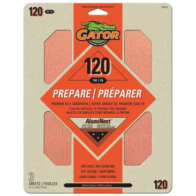 Gator 120 Grit Sandpaper Sheets, Fine, 9 x 11 in, Premium Multi-Surface Sanding Paper, 3 Pack