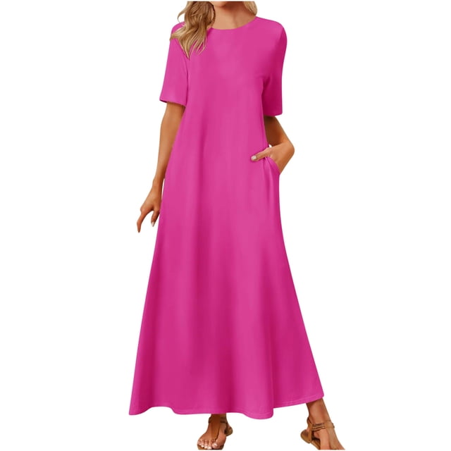 AherBiu Robe pour Femmes Décontractée à Col Rond, Robe Maxi Fluide à Manches Courtes, Robe Longue Ample avec Poches