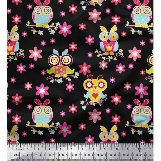 Soimoi Poly Georgette Fabric Floral & Owl Cartoon Fabric Prints by Yard 52 Inch Wide