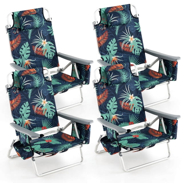 Costway Lot de 4 Chaises de Plage Pliantes Type Sac à Dos, Chaises Inclinables d'Extérieur à 5 Positions avec Oreiller, Vert