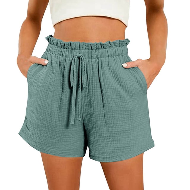 Dealovy Shorts for Women Wide Leg Drawstring High Waisted Summer Casual Ruffle Beach Shorts with Pockets