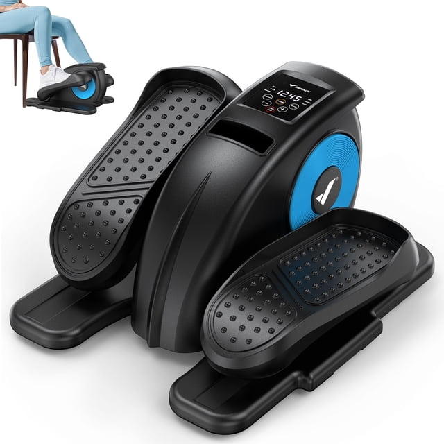 MERACH Under Desk Elliptical Exercise Machine for Seniors, featuring a compact black and blue design with textured pedals and an LCD display. This quiet elliptical offers 12 adjustable speed levels, manual and auto modes, and bidirectional pedal motion. Ideal for home or office use, it promotes blood circulation and muscle strength with low-impact exercise. Includes a remote control for easy adjustments without bending over.