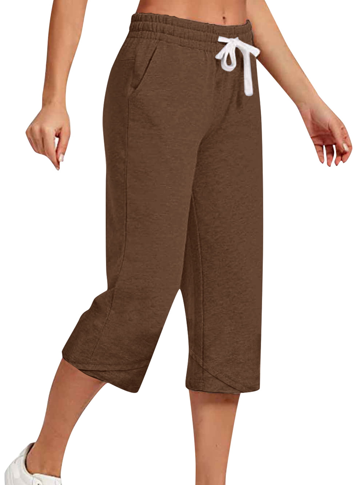 Innerwin Pantalon Capri à Jambe Droite Taille Haute pour Femme, Brun, Taille 3TG