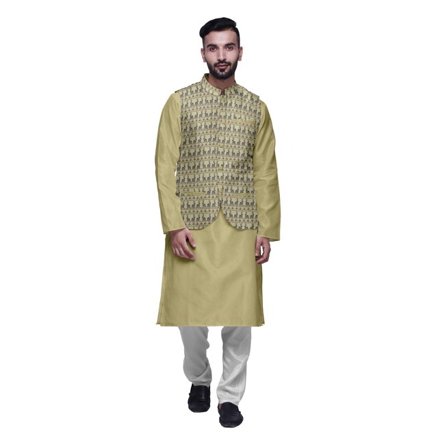 Atasi Ensemble de Pyjama Kurta Churidar Ethnique avec Veste Nehru Imprimée pour Hommes