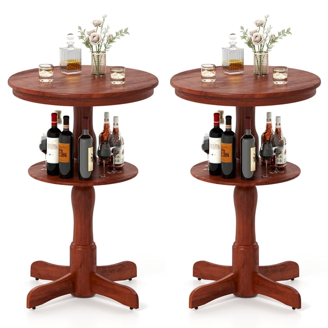Gymax 2 Pcs Table Ronde Haute à 2 Niveaux avec Tablette de Rangement et Base Piédestal pour Cuisine