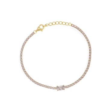 Mercie Sterling Silver Gold Vermeil Gold Blue Cubic Zirconia Bar Adjustable Bracelet, Dainty Jewellery for Women