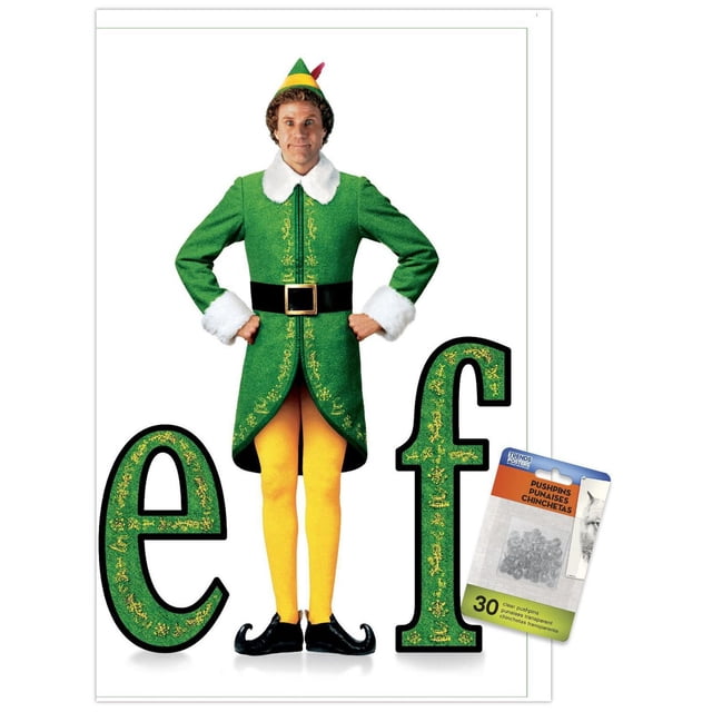 Elf - Affiche Murale d'Une Feuille, 22,375 Po x 34 Po Montrant une Vue Centrée de l'Avant d'Une Personne en Manteau Elf Vert avec Col et Poignets en Fourrure Blanche, Ceinture Noire avec Boucle Dorée, Collants Jaunes et Chaussures Noires à Bout Recourbé, Debout entre de Grandes Lettres Décoratives Vertes « e » et « f » avec Détails Dorés sur Fond Blanc, Incluant un Lot de Punaises Transparentes pour Montage.
