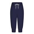 thumbnail image 4 of Lroveb Capri Pants for Women Drawstring Workout Summer Pants Shorts 2024 High Waisted Ruffle Floral Pleated Hem Casual Pants Dark Blue, 4 of 5