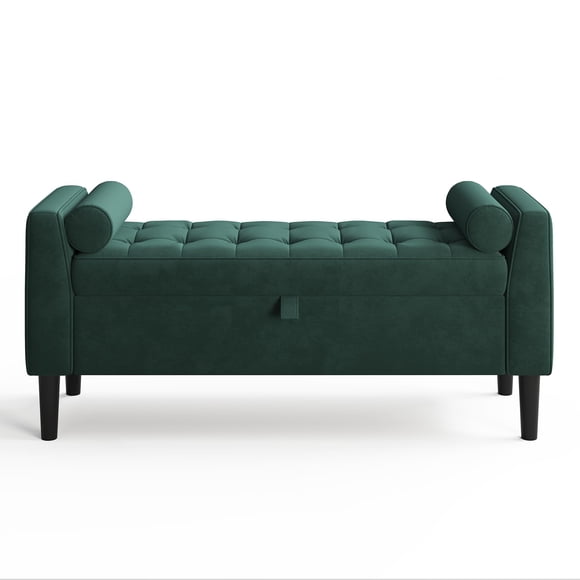 Banc Ottoman de Rangement en Velours Vert de 46,5 Po – Banc Rembourré de Bout de Lit, Repose-Pieds, Banc à Chaussures Multifonction avec Accoudoirs Roulés et Pieds en Bois, pour Entrée, Salon, Chambre et Couloir