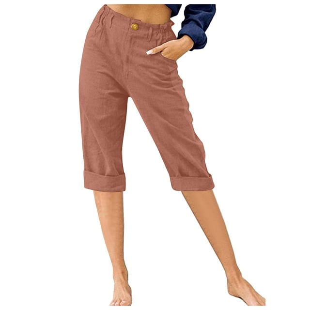 Timegard Cropped Pants for Women Capris Summer Casual Button Ruffle Elastic Waist Solid Color Lounge Pants
