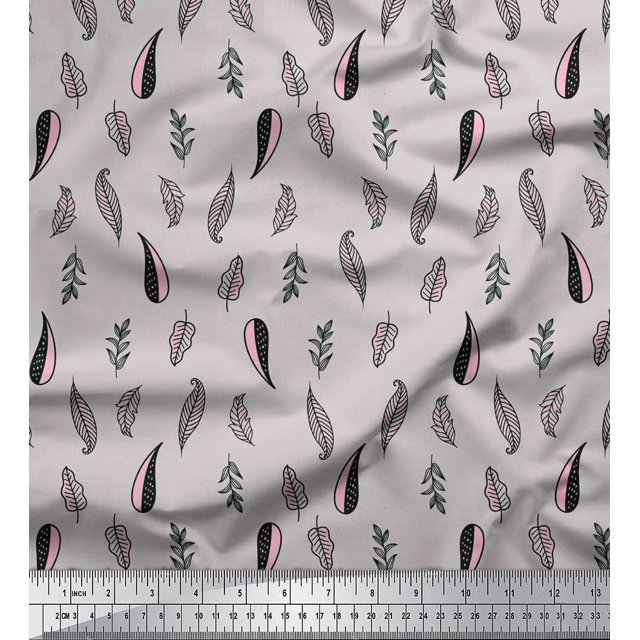Soimoi Gray Poly Georgette Fabric Artistic Leaves Printed Fabric 1 Yard 52 Inch Wide