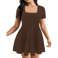 thumbnail image 1 of Women's Mini Dress Square Neck Short Sleeve Ruffle Hem Dresses with Built in Shorts Brown XXL, 1 of 10