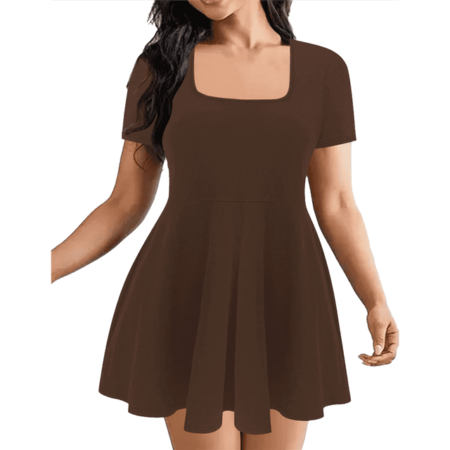 Women's Mini Dress Square Neck Short Sleeve Ruffle Hem Dresses with Built in Shorts Brown XXL