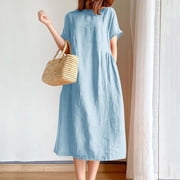 Neewe Summer Cotton Midi Dress Loose Dress for Women Plain Crew Neck Short Sleeve Basic T-Shirts Casual Dresses with Pocket