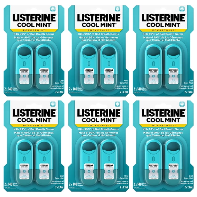 Listerine Cool Mint Pocketmist oral care mist for fresh breath, shown in a 6-pack set. Each pack contains two 7.7 mL non-aerosol, sugar-free sprays designed to kill 99% of bad breath germs. The sprays are portable, pocket-sized, and feature a refreshing Cool Mint flavour. Packaging highlights the product's germ-killing effectiveness and convenience for on-the-go use.