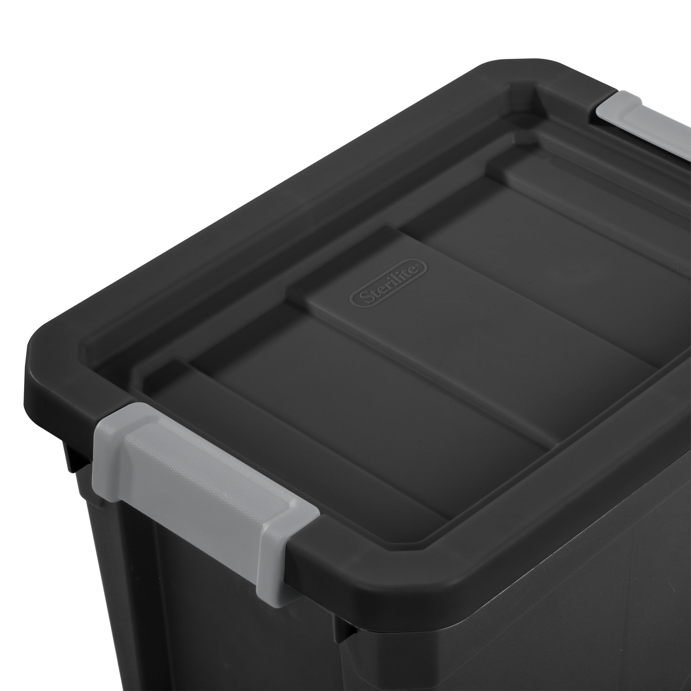 Sterilite 28 Liter Stacker Box, Durable Plastic Storage Bin with Latch Lid, Black - 6 Pk