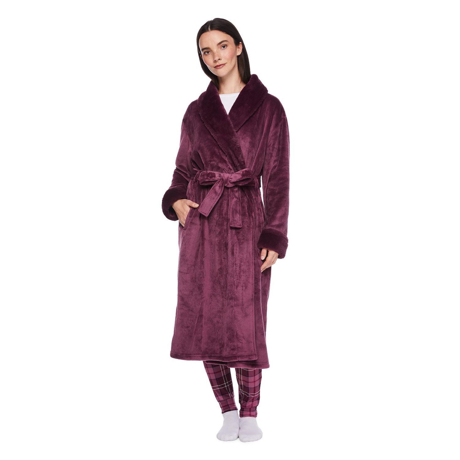George Women's Long Faux Fur Collar Robe