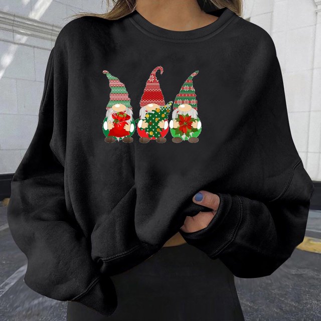 EGNMCR Chandail en Molleton de Noël Mode Femme Ample Imprimé de Noël Manches Col Rond Pull