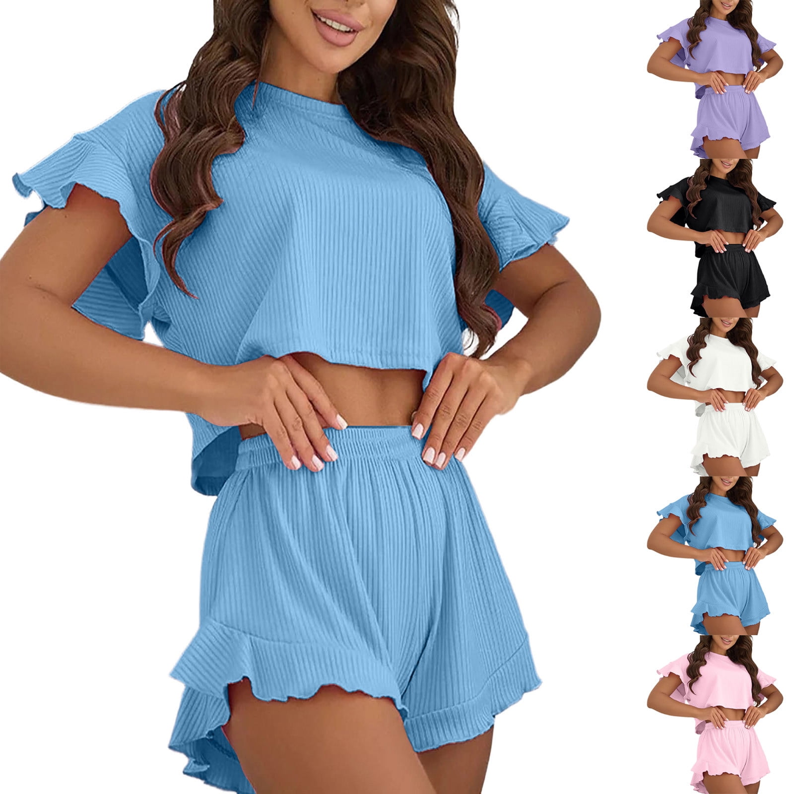 EYWGYA Women's Ruffle Hem Pajama Set Short Sleeve Top with Shorts