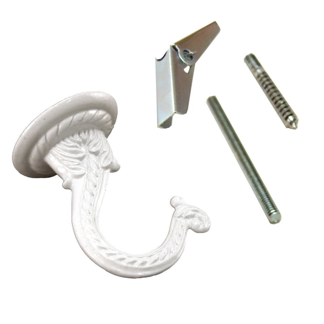 Atron Electro Industries Jumbo White Hook with decorative embossed design, shown with included mounting hardware: metal wall anchor, threaded rod, and metal bracket, suitable for hanging crafts, lamps, or baskets on wood or drywall.