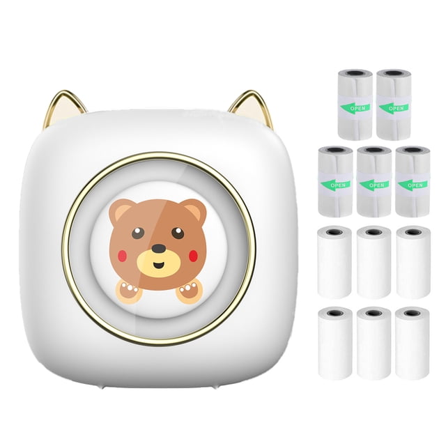 Mistaha Portable Bluetooth Thermal Label Printer with Cute Bear Design - Includes 6 Rolls of Thermal Paper and 5 Rolls of Adhesive Paper - Rechargeable Lithium Battery - White