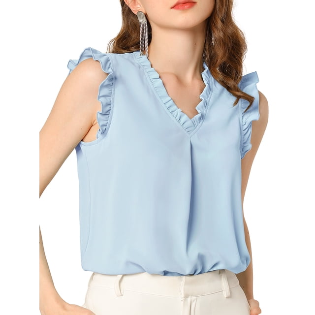 INSPIRE CHIC Women's Ruffled Sleeveless Pullover V- Neck Work Blouses Tops M Blue