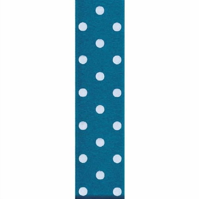 Offray 39mm Polka Dot Grosgrain Ribbon in island blue with white polka dots, 1.5 inches wide and 9 feet long, made of textured grosgrain fabric ideal for gift wrapping, floral arrangements, crafts, and suitable for scrapbooking.
