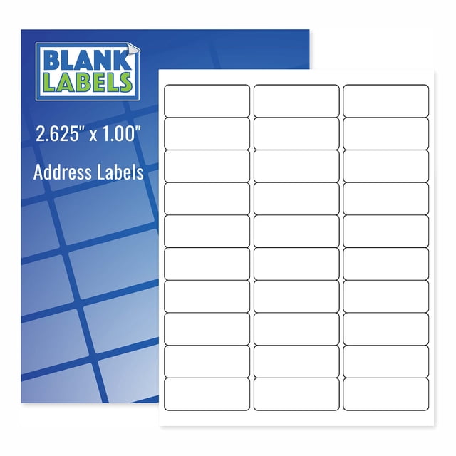 Blank Labels Address Mailing Shipping Labels, 2-5/8" x 1" (2.625 x 1), shown in a white matte finish with 30 labels per sheet. The image displays a sheet of rectangular labels alongside branded packaging with a blue background. Suitable for inkjet and laser printers, these labels are ideal for addressing envelopes, organizing school or office supplies, and creating custom gift tags. Made in the USA, the pack includes 100 sheets for a total of 3000 labels.