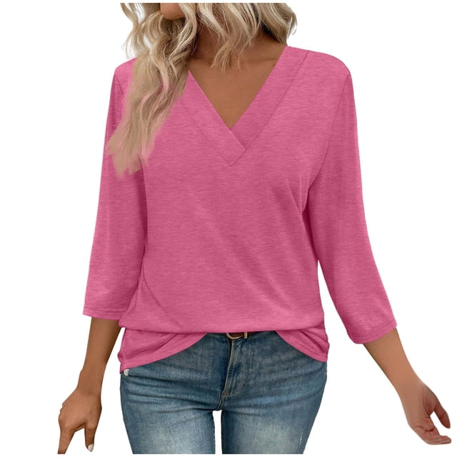 Plebaso Chemises à Manches 3/4 pour Femmes, Col en V, Tuniques Décontractées, Hauts Unis, Blouses Amples pour Dames
