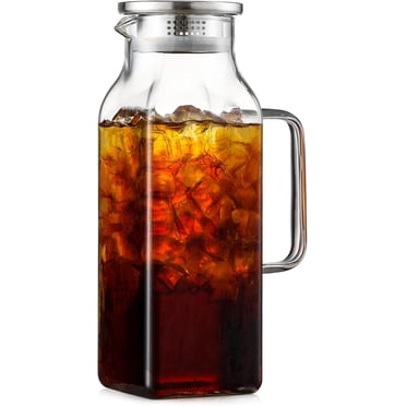 2 Quart (2 Liter 68 oz) Square Glass Pitcher with Lid and Spout, Water Pitchers with Handle for Fridge, Borosilicate Glass Carafe for Hot/Cold Drink, Large Jug for Iced Tea, Coffee,Juice,Milk,Bev