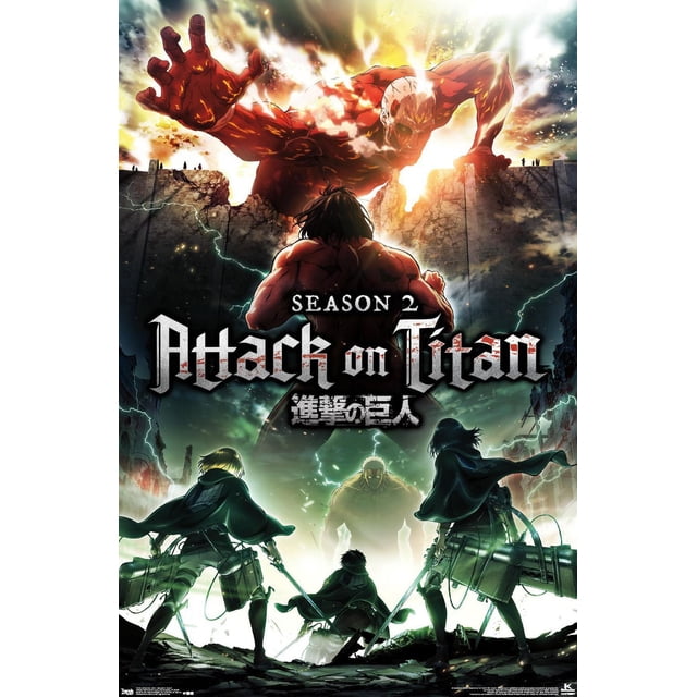 Attack on Titan - Affiche Murale Teaser Saison 2, 22,375 Po x 34 Po Représentant un Titan Rouge colossal Traversant un Mur de Pierres au Coucher du Soleil, Affrontant Trois Soldats en Capes Vertes avec Épées et Équipement de Manœuvre 3D au Milieu d'Une Ville en Ruines et d'Un Ciel Orageux, Convient à une Déco Murale à Thème Anime.