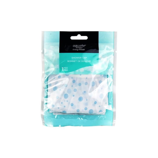 EQUATE Bonnet de Douche Beauté en Emballage turquoise et Noir Contenant un Bonnet de Douche Blanc Plié avec des Pois Bleu Pâle, Conçu pour Protéger et Préserver le style des Cheveux de la Racine au Bas du Cou pendant la Douche, pour Usage Adulte Seulement.