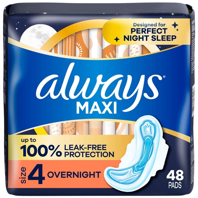 Always Maxi Overnight Pads with Wings for Women, Size 4, designed for perfect night sleep with up to 100% leak-free protection, featuring a blue and white pad illustration on the package containing 48 pads.