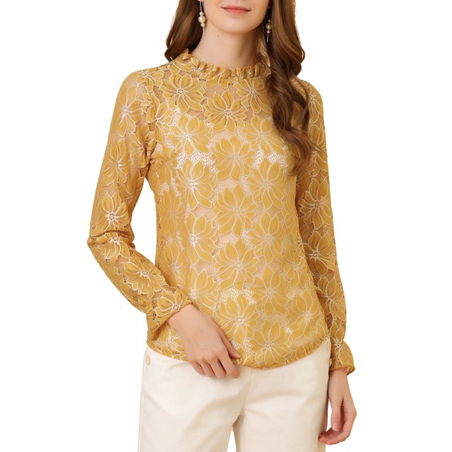 INSPIRE CHIC Women's Crochet Lace See Through Floral Ruffle Neck Blouse S Yellow-1